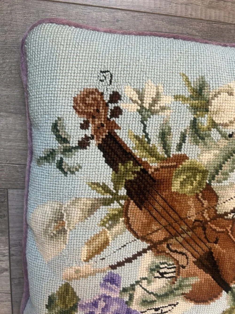 Vintage Needlepoint Pillow Violin Floral 15” X 15” Purple Velvet Cottagecore Fun